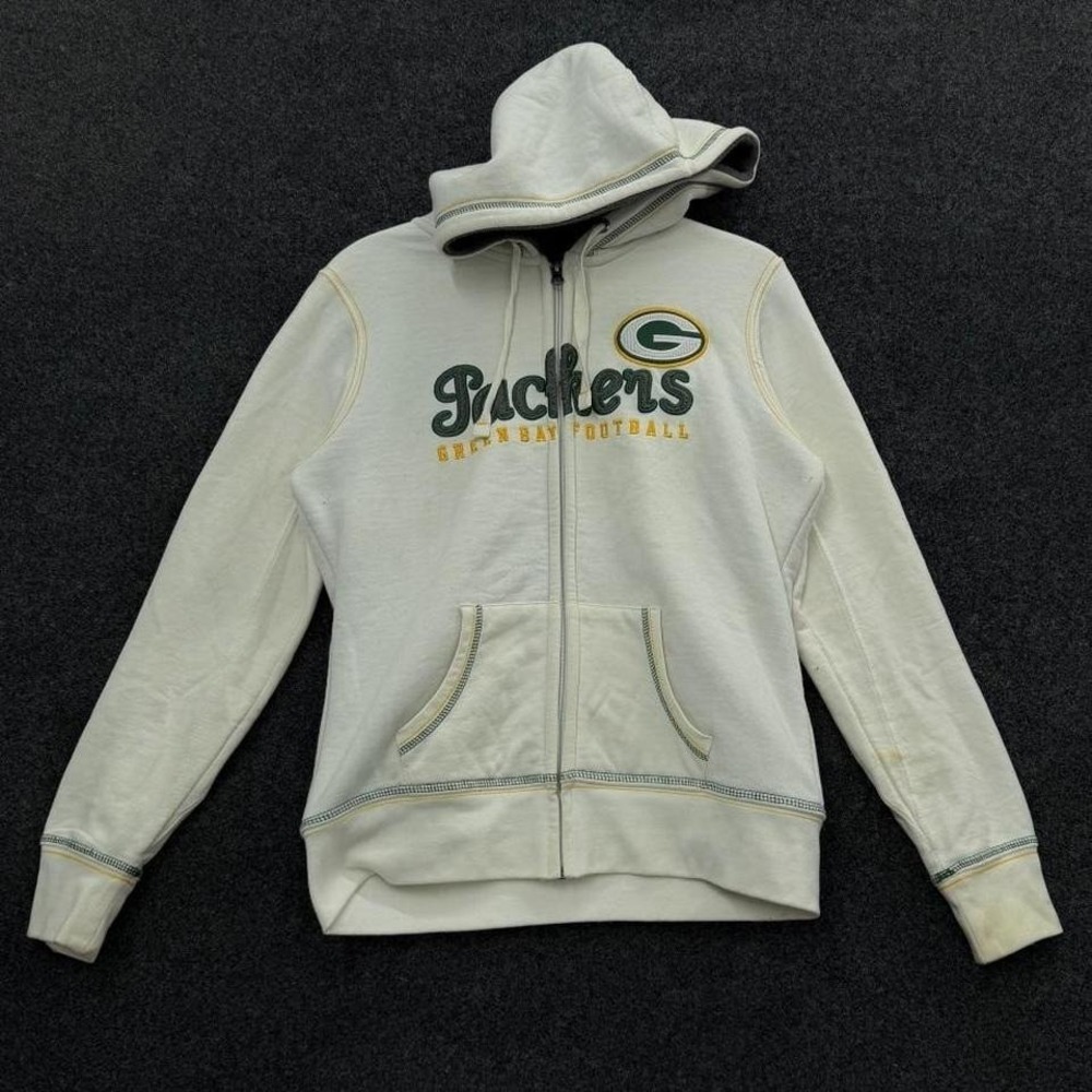 Packers Zip Hoodie Women's Medium White Green Bay Football Spell Out Sherp